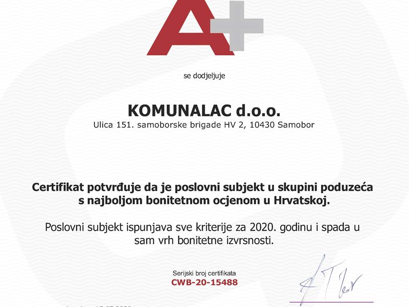 Komunalcu dodijeljen certifikat bonitetne izvrsnosti