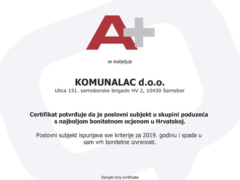 Komunalcu dodijeljen certifikat bonitetne izvrsnosti