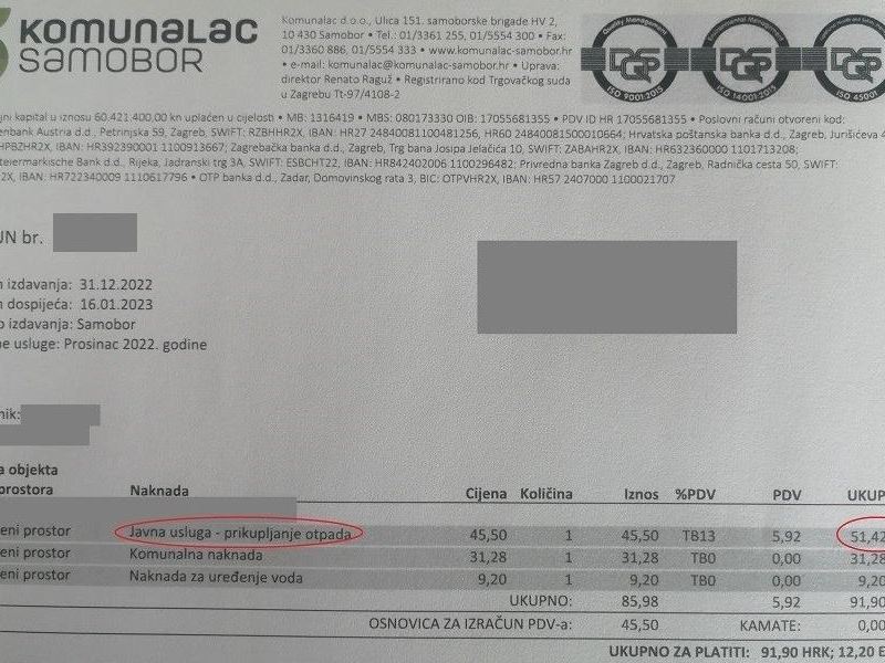 Račun Komunalca ima tri stavke, samo je jedna za odvoz otpada